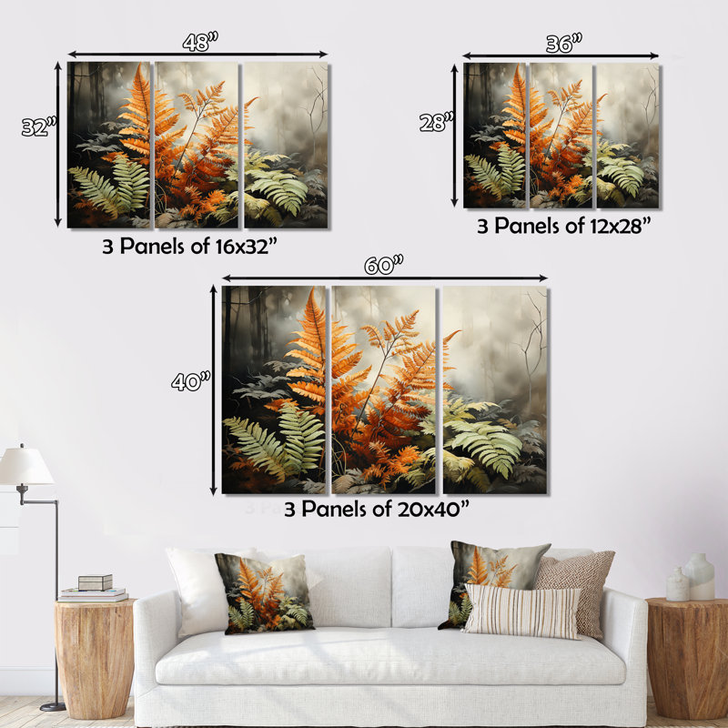 Fougères ambrées, impressions sur toile, 3 pièces, H 28 po x l 36 po x P 1 po