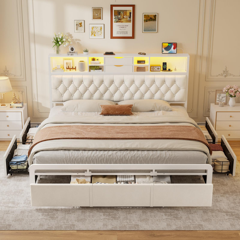 Bed Frame With 5 Storage Drawers And Headboard, Velvet Upholstered Platform Bed With Led Lights And Charging Station, Beige