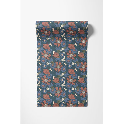 Navy Floral Pattern Wallpaper, 125"H x 25"W, Pre-pasted Paper