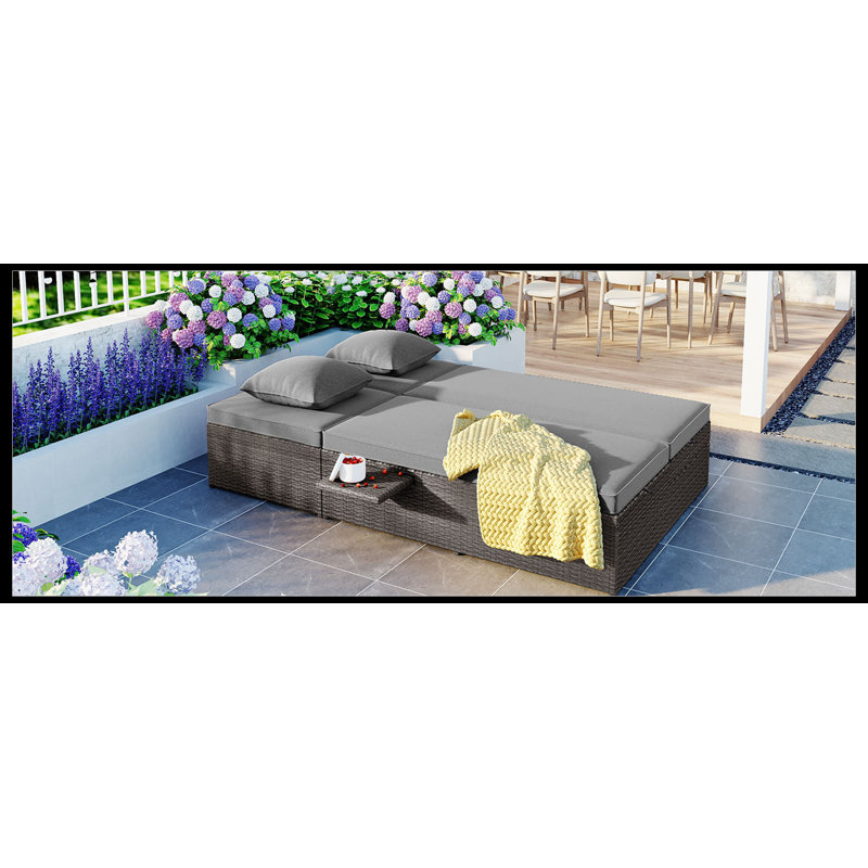 Outdoor Double Sunbed, Wicker Rattan Patio Reclining Chairs With Adjustable Backrest And Seat, Gray