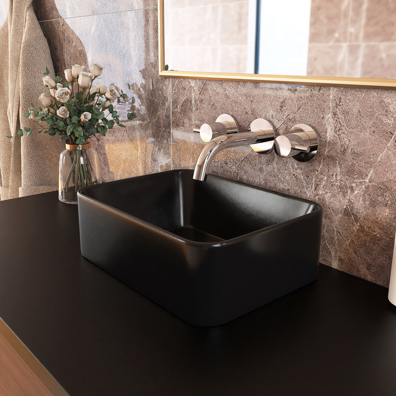 Lavabo de salle de bain vasque rectangulaire en céramique à motif marbré, Noir mat