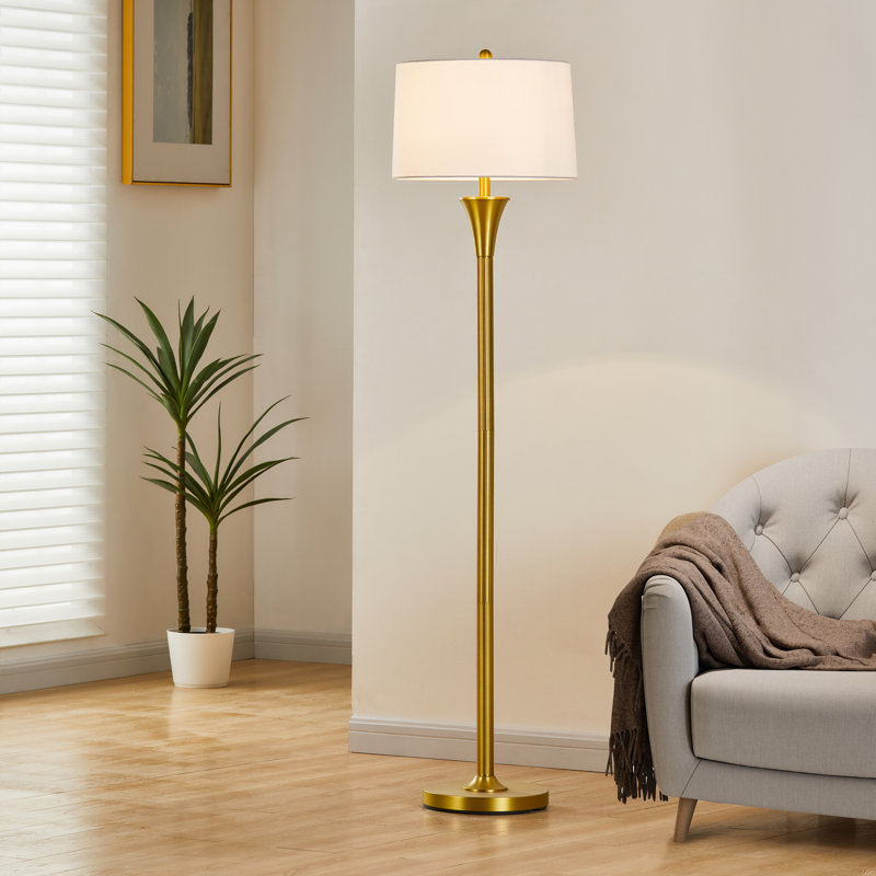 66" Metal Floor Lamp With Fabric Drum Shade, Gold