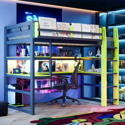 Kids Loft Bed With Gaming Desk, Space-Saving Workstation, Wood, U-Shaped Desk With Rgb Shelves, Modern & Contemporary, Kids Bedroom