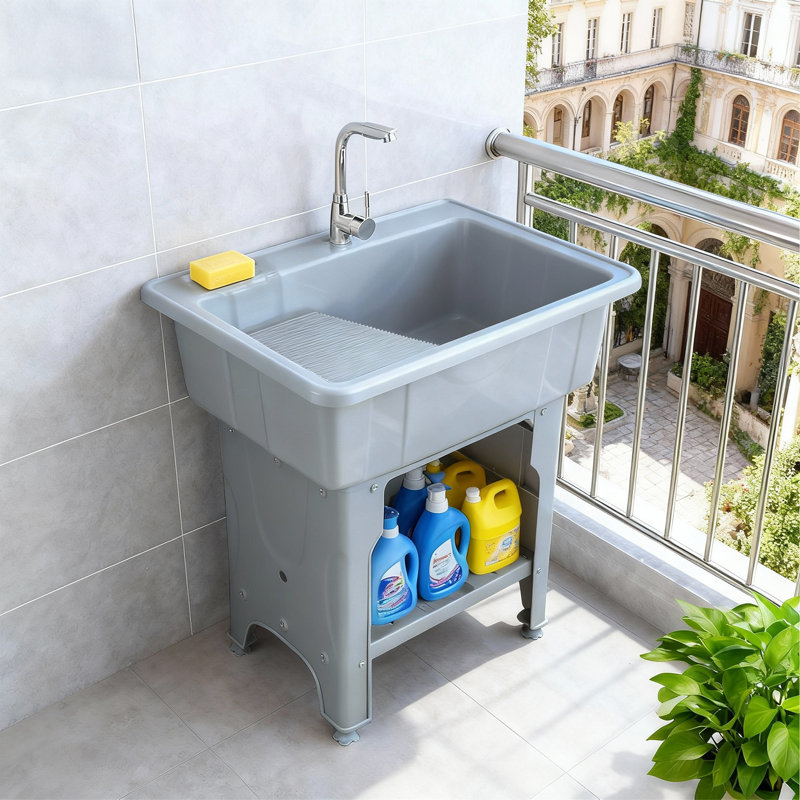Utility Sink Laundry Tub For Washing Room, Plastic Freestanding Utility Sink With Stainless Steel Faucet