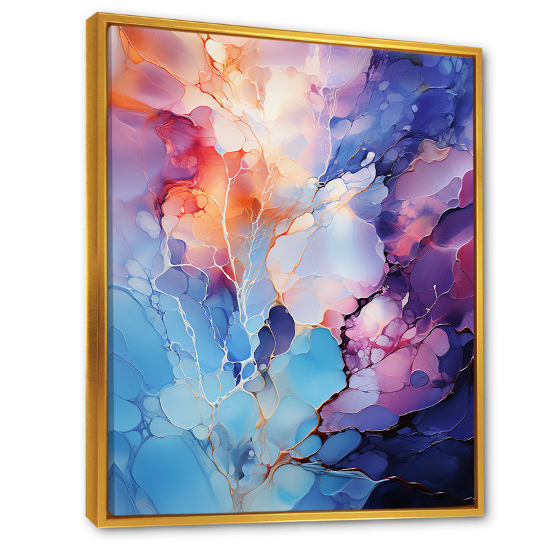 «Blue Illuminated Electro Reverie - Abstract Collages», art mural, Cadre flottant doré, H 44 po x l 34 po x P 1,5 po