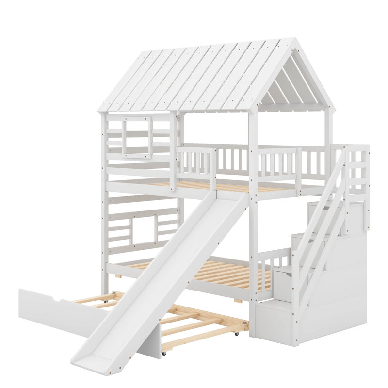 Twin Over Twin Bunk Bed With Trundle And Slide, White