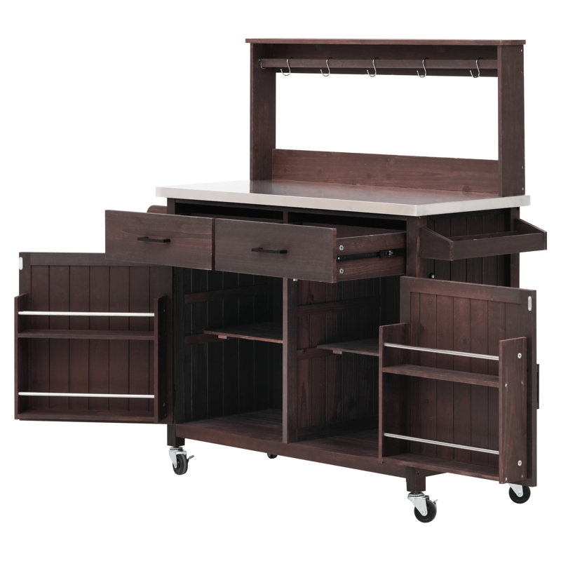 54.1" Outdoor Kitchen Island With High Shelf, Large Outdoor Potting Bench Table With Stainless Steel Top And Storage Cabinet, Solid Wood Grill Cart With Lockable Wheels For BBQ, Garden, Brown