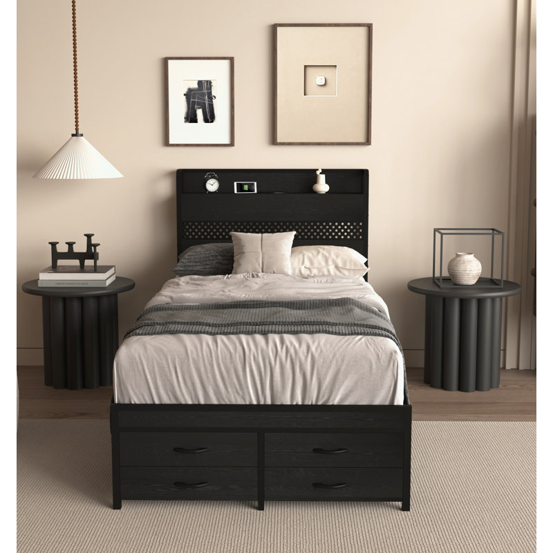 Cadre de lit simple avec tiroirs de rangement et tête de lit, Black