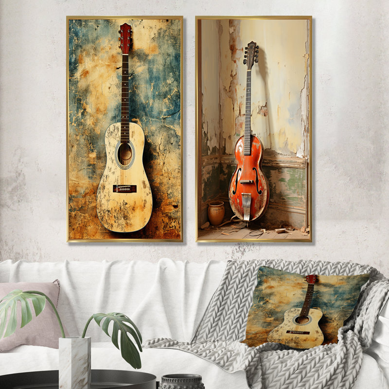Guitare rétro Melody I - ensemble de 2 reproductions d'art sur toile, H 32 po x l 33 po, Encadrement doré