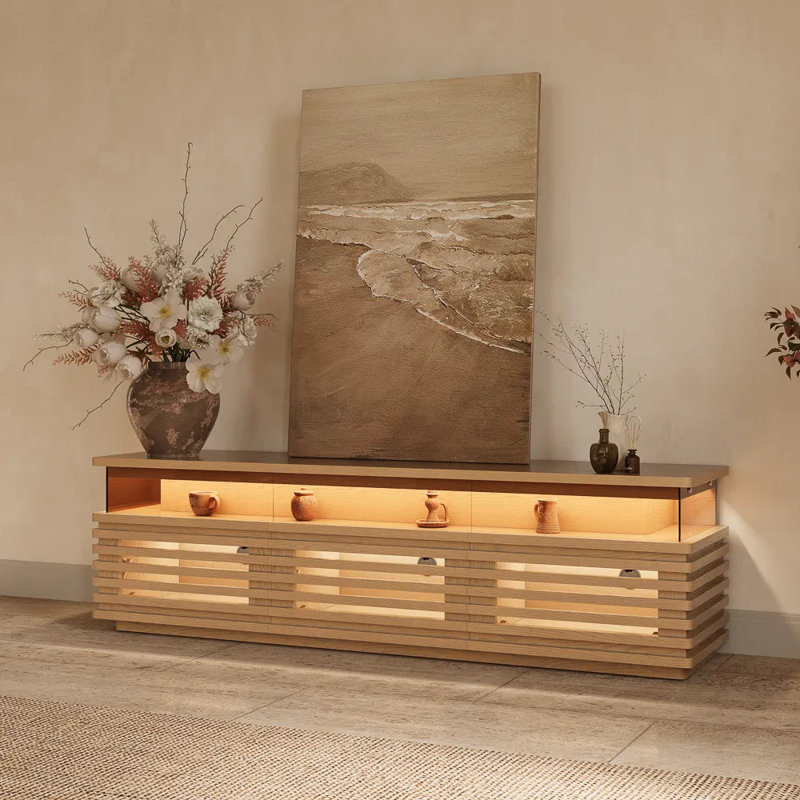 Console multimédia à lattes Selene avec éclairage DEL, aucun assemblage requis, Chêne, H 20,47 po x L 70,87 po x l 17,72 po