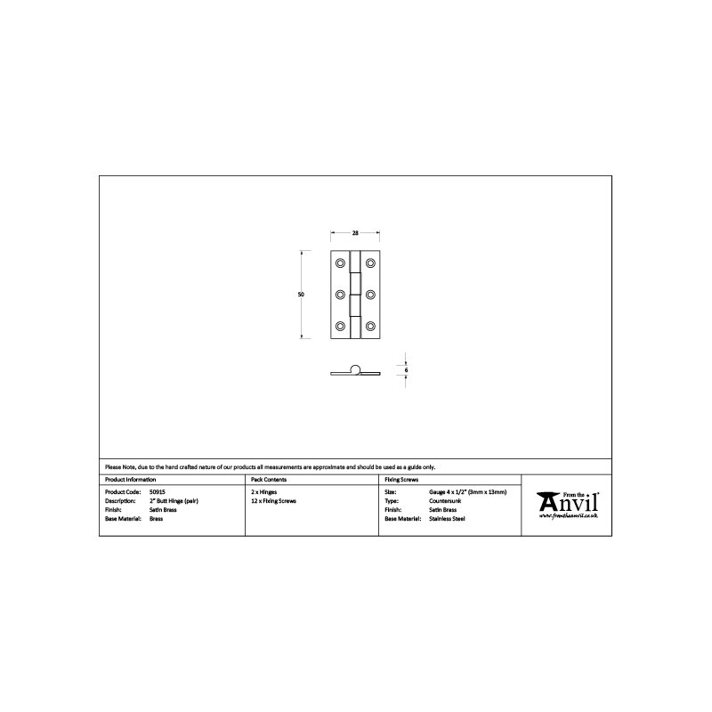 Butt Hinge, Satin Brass, 5cm H x 2.8cm W