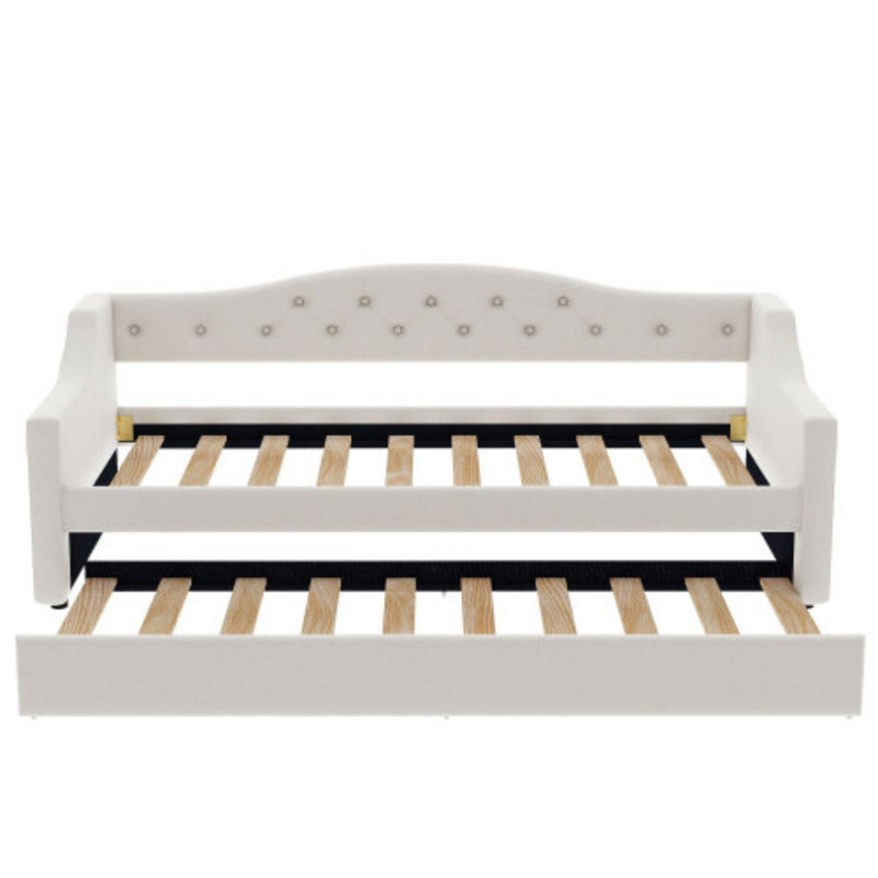 Upholstered Twin XL Size Daybed with LED Belt and Trundle, Beige