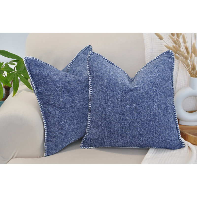 Navy Blue Chenille Square Throw Pillow Covers with Piped Edges, Set of 2