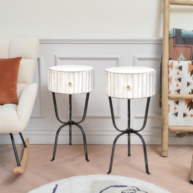 Table de bout ronde ronde, table de chevet moderne blanche, 2 pièces