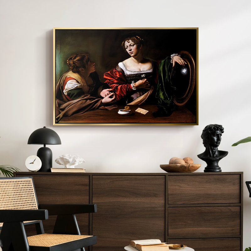Martha et Mary Magdalene, v. 1598 - Toile tendue avec châssis Caravaggio, 24 po x 36 po, Doré