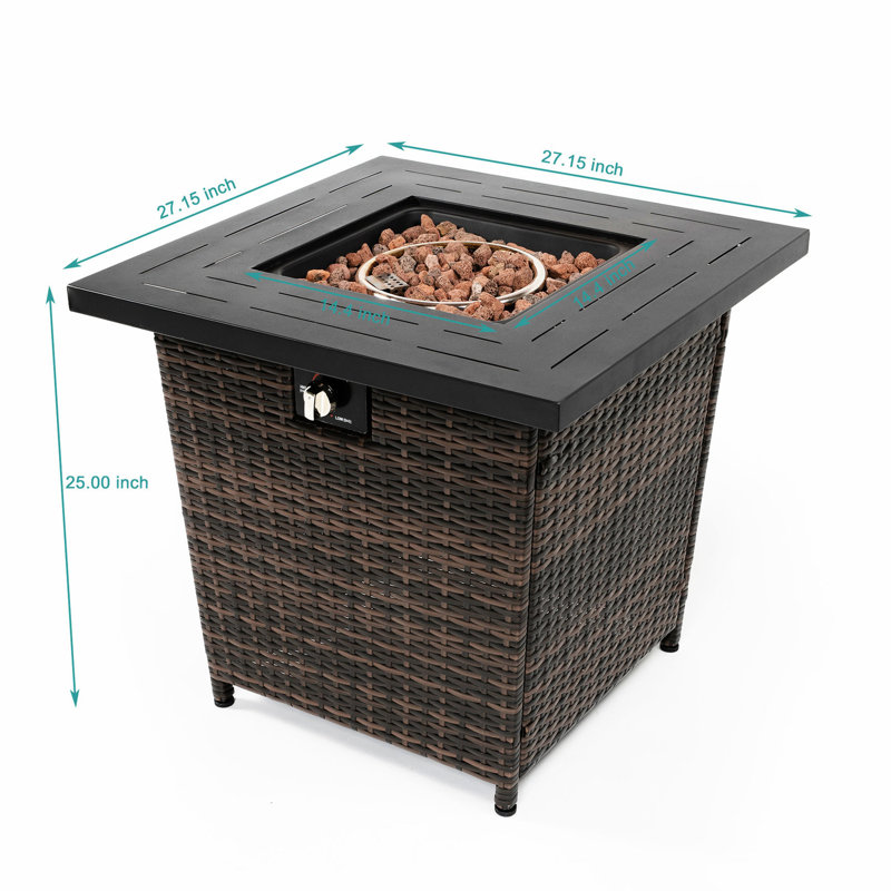 Table de foyer d'extérieur carrée de 28 po, cadre et dessus en acier, propane / combustible, table carrée chauffante de 20 pieds carrés, brun noir, couvercle, chauffage fonctionnant