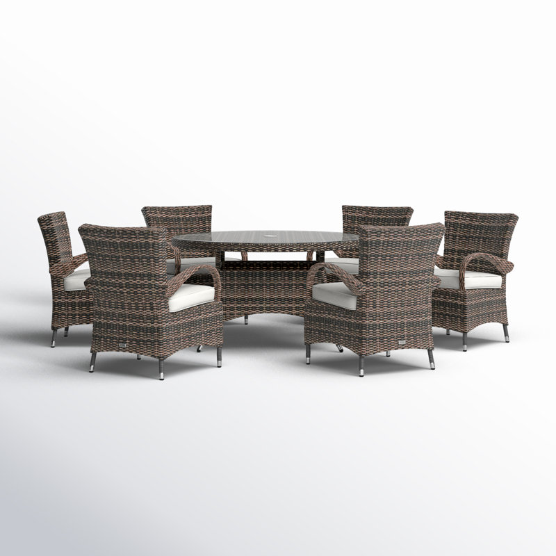 Artherine 6 - Person Patio Dining Set Umbrella Hole Included Round Table with Cushions Included, Brown/Beige