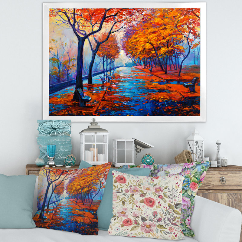 Petite route à travers le paysage d'automne orange III - peinture sur toile, H 12 po x l 20 po x p 1 po, Cadre photo blanc