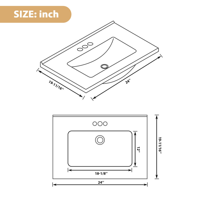 Plateau de meuble-lavabo en porcelaine vitreuse 24 po x 18 po avec lavabo rectangulaire intégré, centre à 3 trous 4 po, blanc