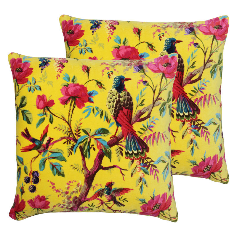  Floral Cotton Velvet Filled Cushion Twin Pack, Yellow