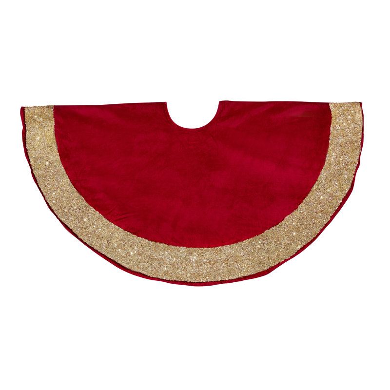 Luxurious Red Velvet Christmas Tree Skirt with Gold Beaded Border