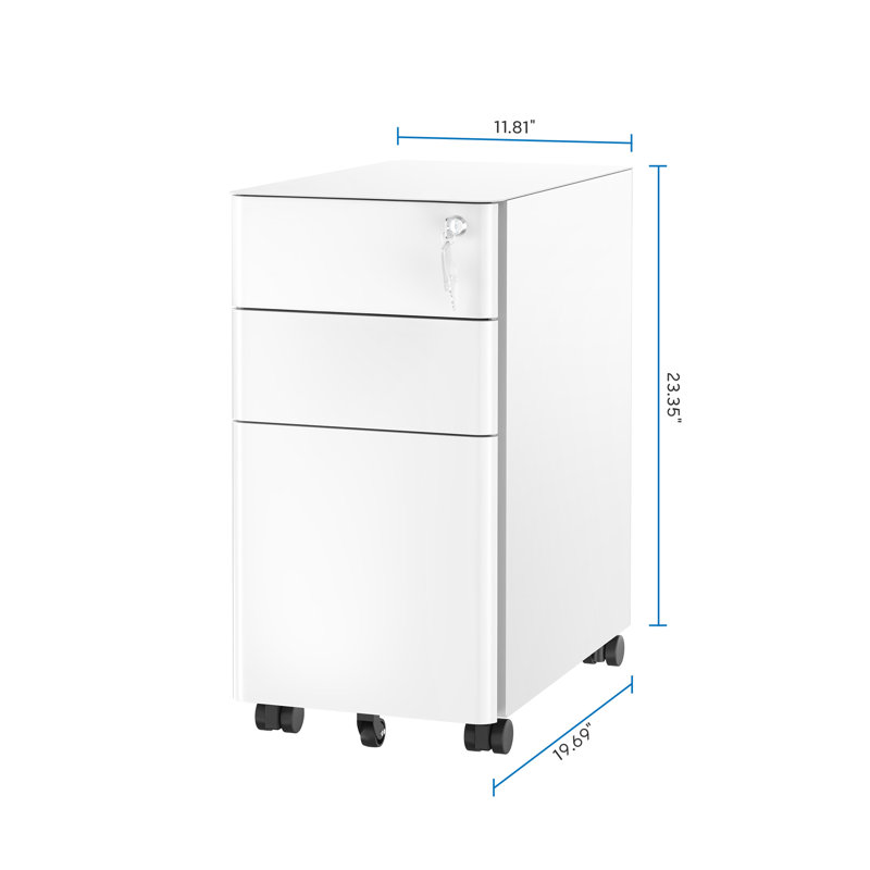 Mount-It Mobile File Pedestal Cabinet with 3 Drawers & Lock, Slim Design Under Desk Storage, White