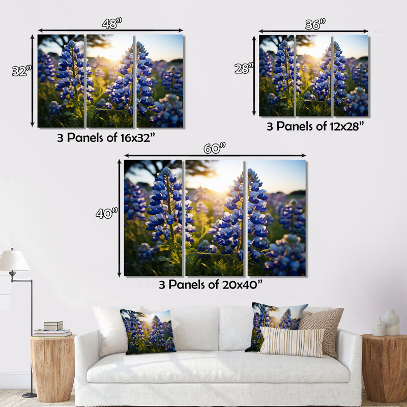 «Blue Bonnets Field Photo IV» sur toile, reproduction de 3 pièces, H 32 po x l 48 po x P 1 po