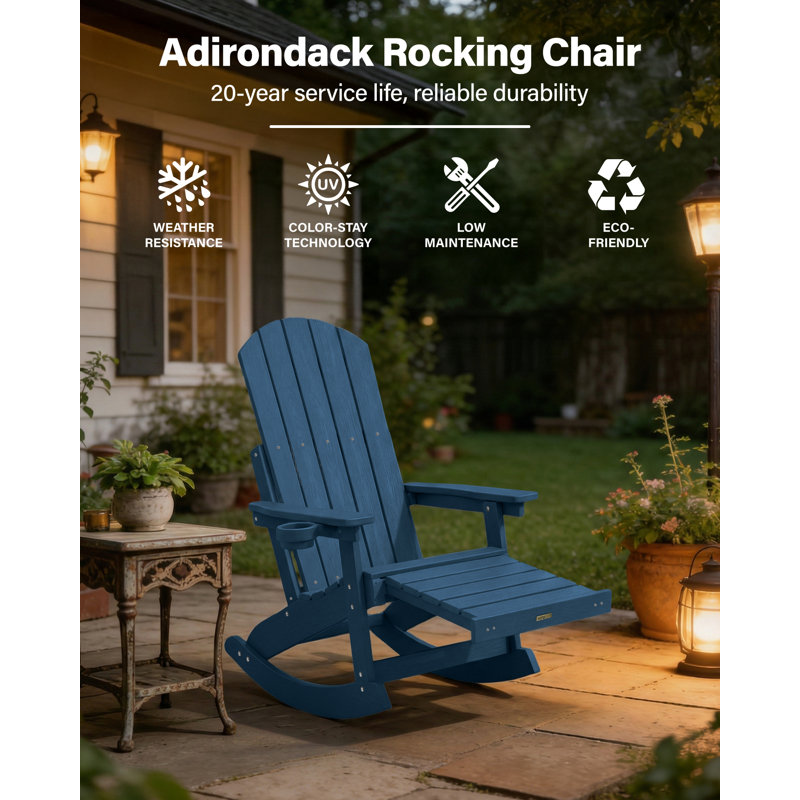 Outdoor Adirondack Rocking Chair With Retractable Ottoman HIPS All Weather Oversized Plastic Patio Rocker Chair, Navy