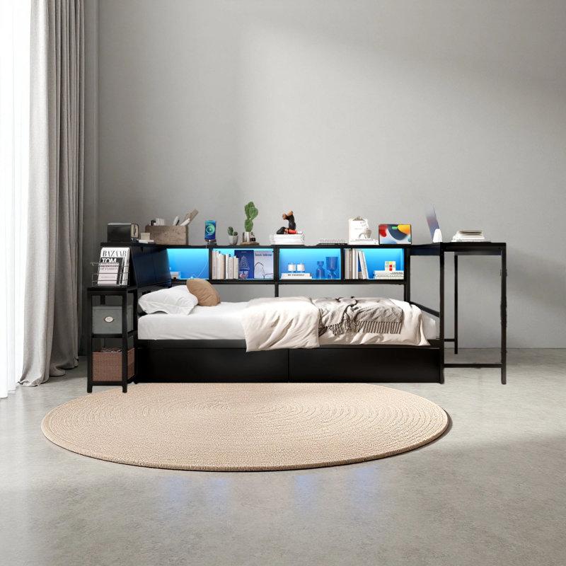 Cadre de lit d'angle avec bibliothèque et 2 tiroirs de rangement sous le lit, lit simple moderne avec lumière DEL et station de charge,