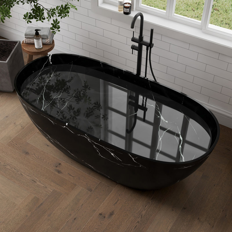 Forma 63" Marble Freestanding Tub Solid Surface Freestanding Soaking Bathtub, Black