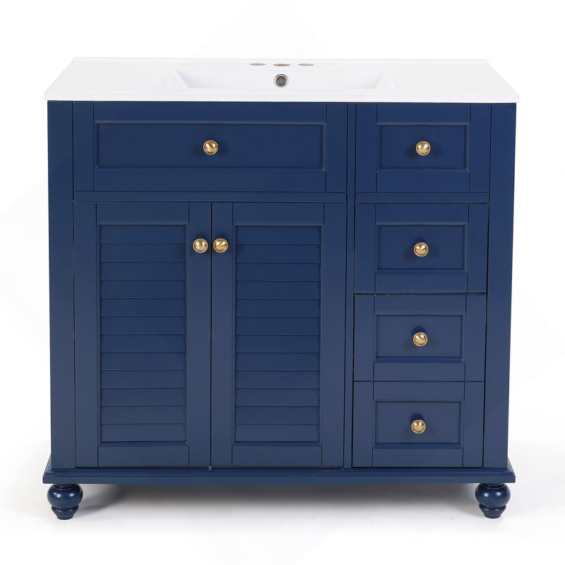 Meuble-lavabo avec lavabo, meuble-lavabo à structure en bois avec tiroirs à fermeture en douceur, Bleu