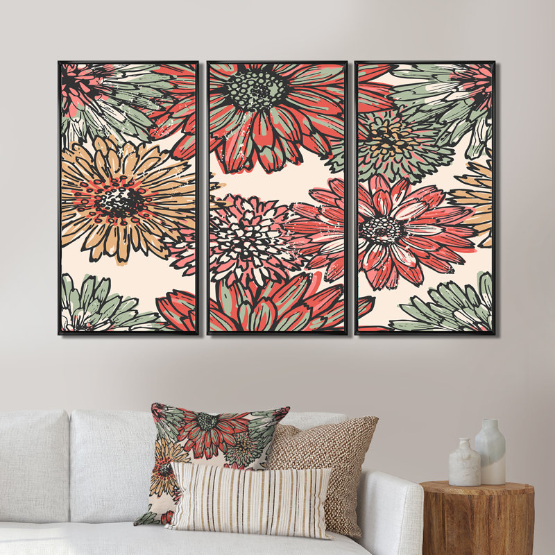 Red Red Flowers - 3 pièces, reproduction encadrée sur toile, H 20 po x l 36 po x P 1 po, Cadre noir