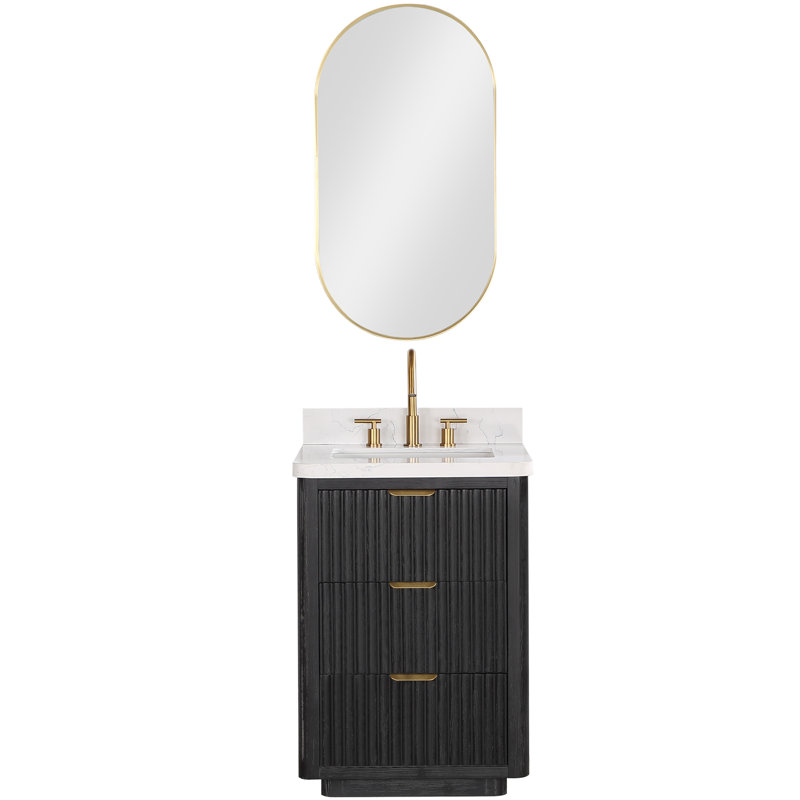 Ensemble de meuble-lavabo simple 24 "avec miroir, Noir, Blanc, Doré