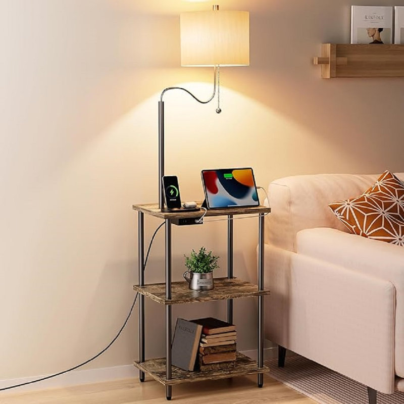 Rustic Brown Wood and Metal Floor Lamp End Table with USB Charging Station