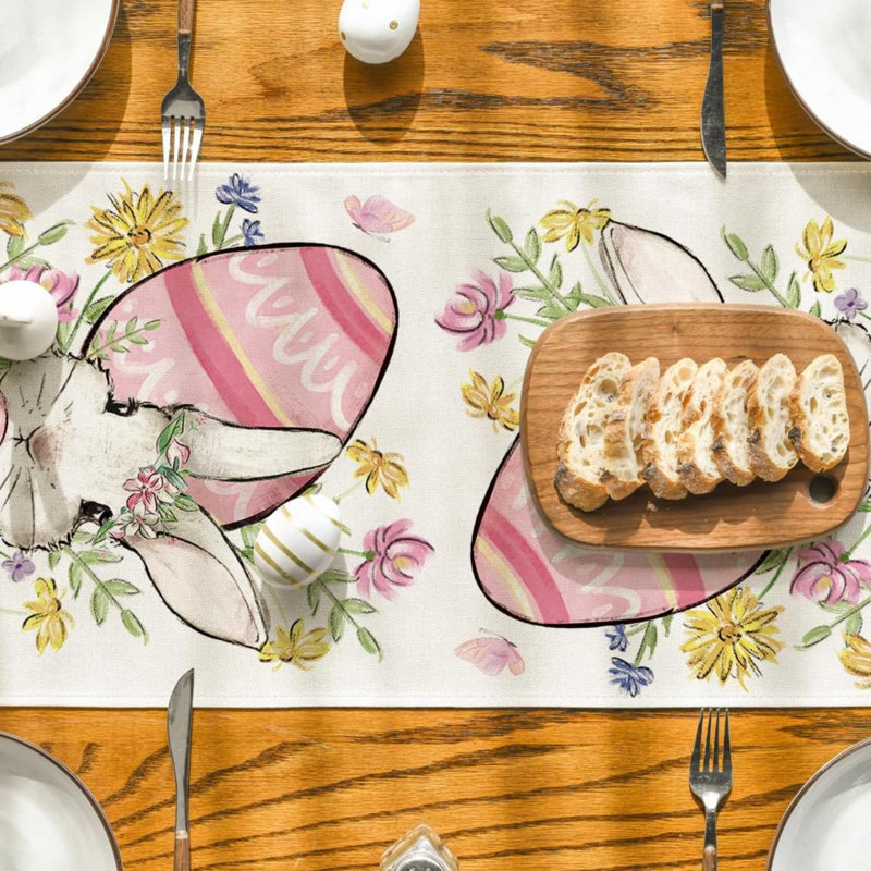 Bunny Rabbit Egg Flower Easter Table Runner, Seasonal Spring Kitchen Dining Table Decoration For Home Party Decor