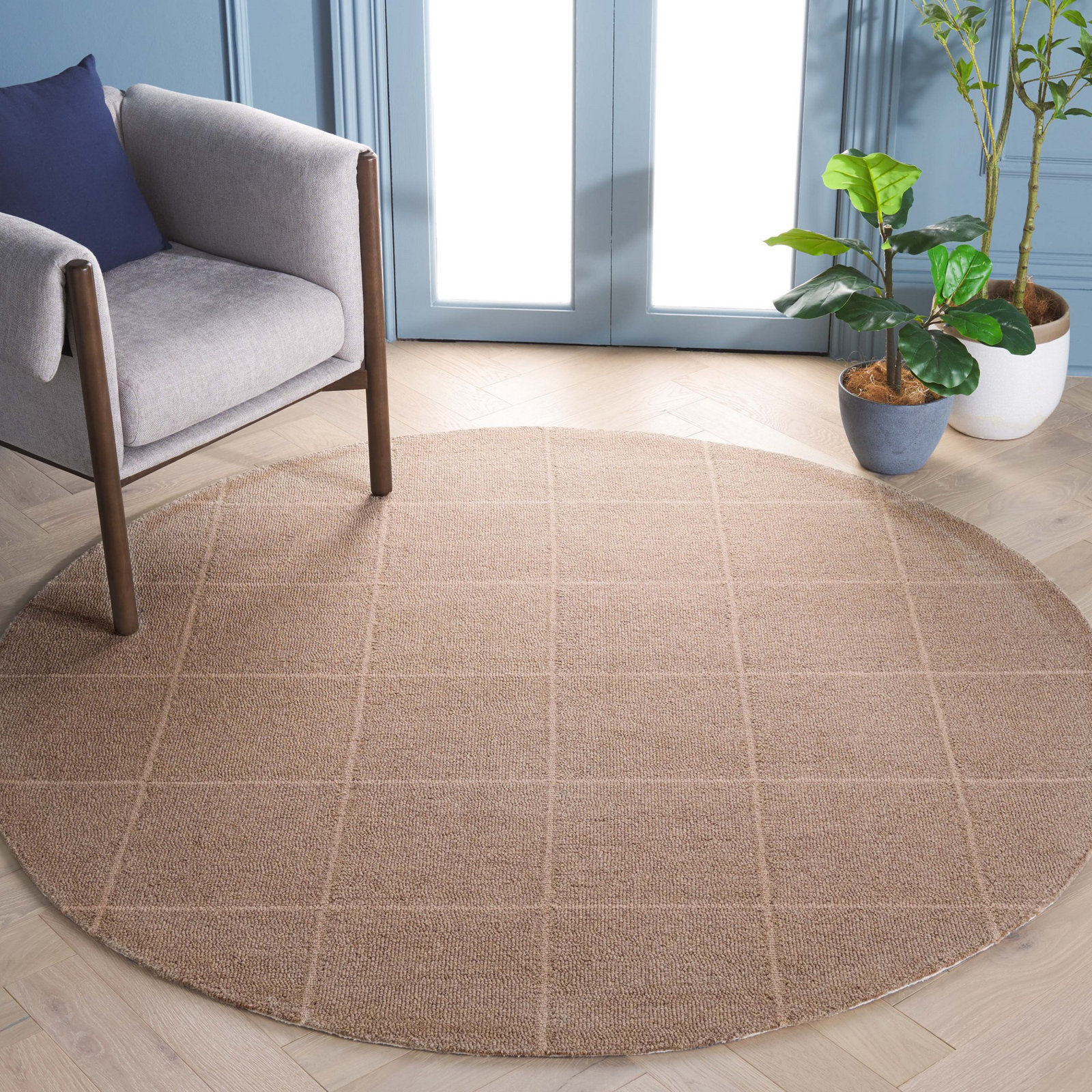 Beige Hand-Tufted Geometric Wool Rug, Round 6'