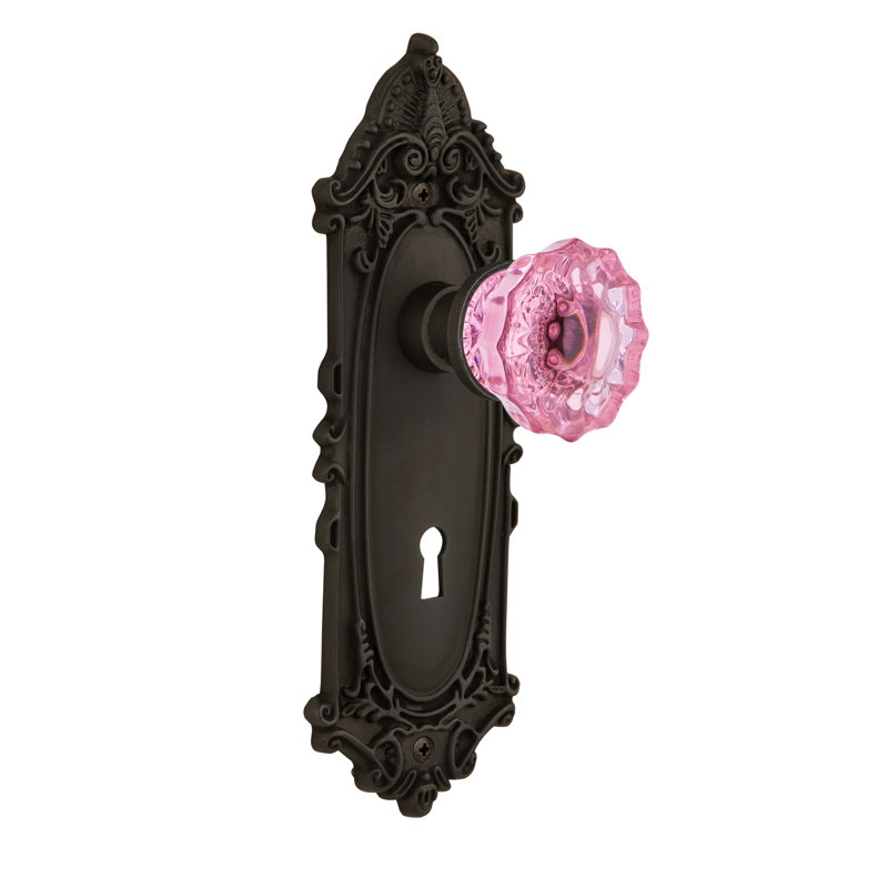 Victorian Plate with Decorative Keyhole and Crystal Pink Door Knob, Oil-Rubbed Bronze, 2 3/4