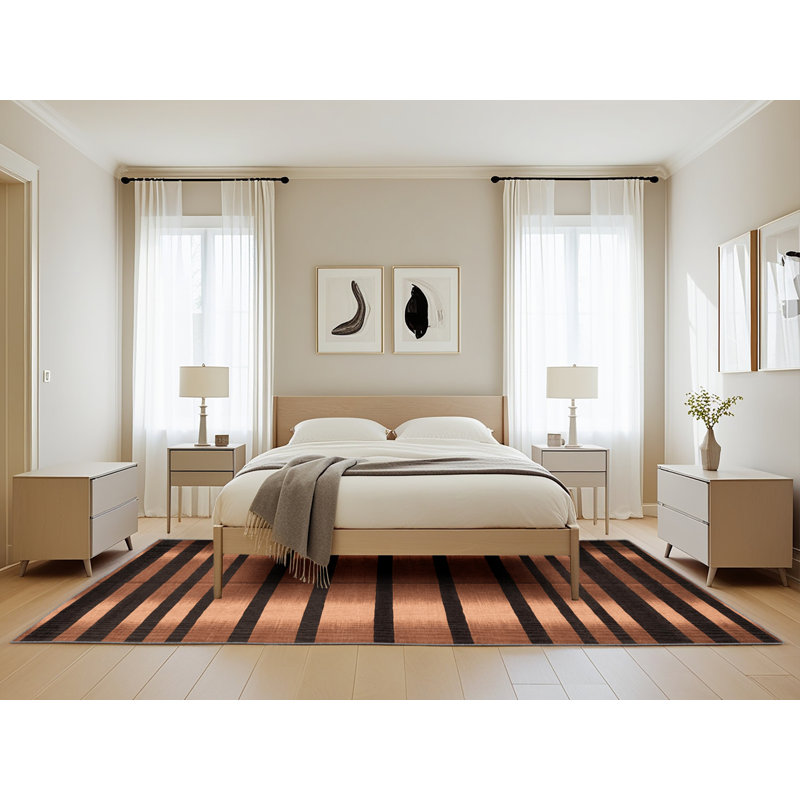 Machine Washable Horizontal Stripes Brown Area Rug, Rectangle 5' x 8'