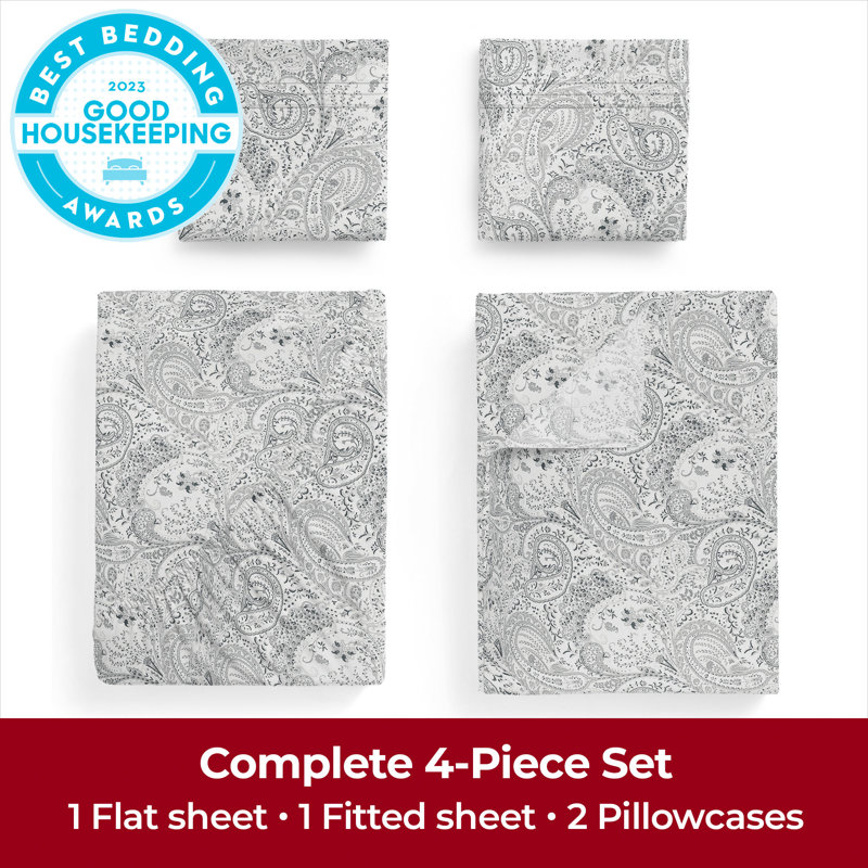 Ensemble de draps Mellanni 1800 avec drap-housse gris foncé Paisley, Motif cachemire gris
