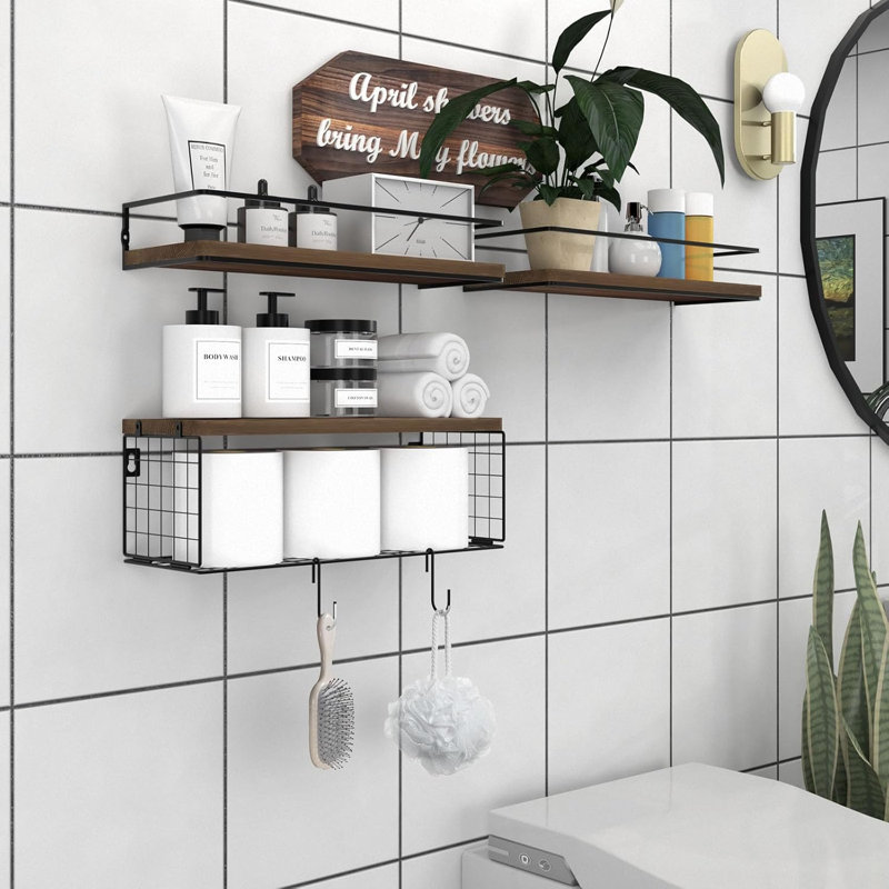 Étagères de salle de bain au-dessus de la toilette avec porte-papier hygiénique - 3 niveaux fixés au mur, conception flottante, organisateurs de décoration
