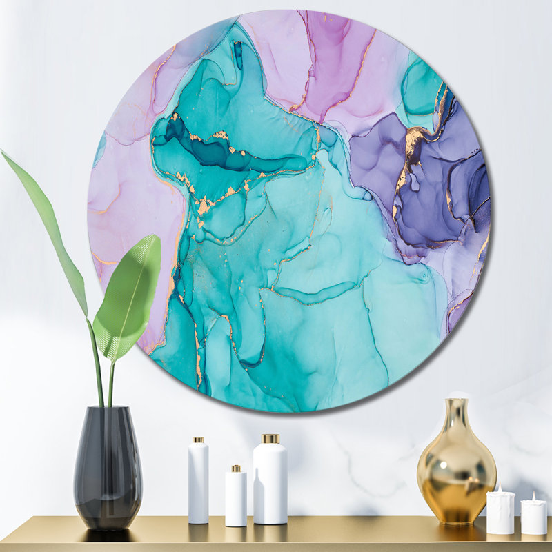 Turquoise et mauve, luxe, abstrait, fluide, art III - cercle moderne en métal, art mural, H 23 po x l 23 po x P 1 po