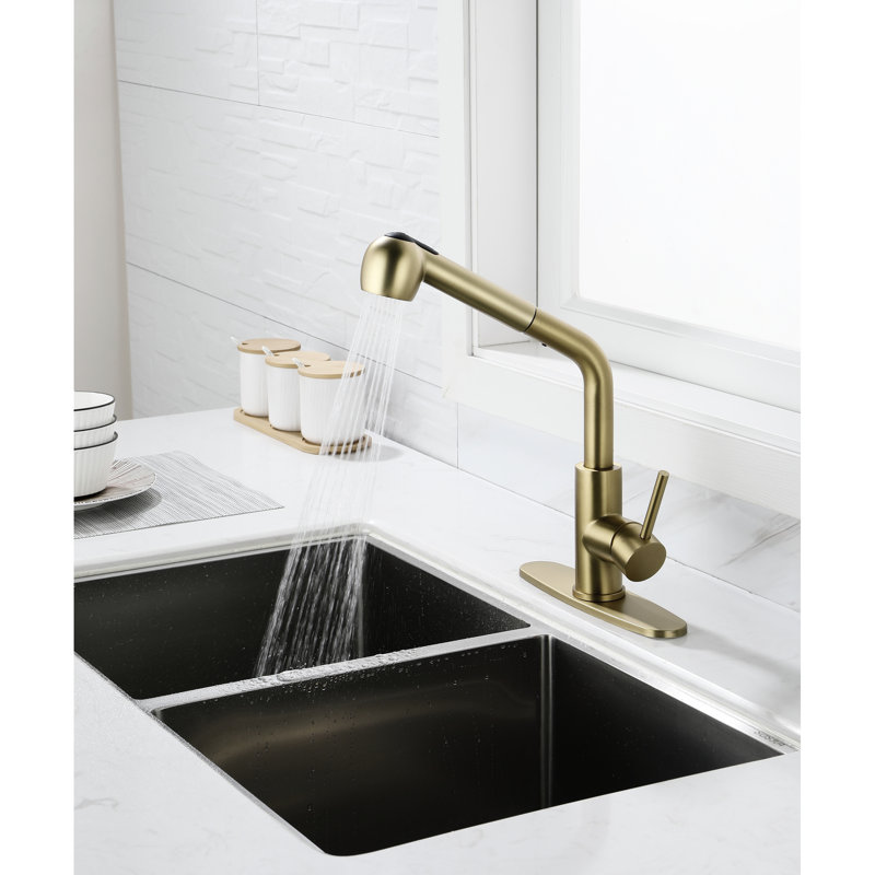 High Arc Pull Down Kitchen Faucet In Gold And Stainless - Smooth Operation For Effortless Use Steel Sink With Dual Spray Function Easy Installation Without Plumber