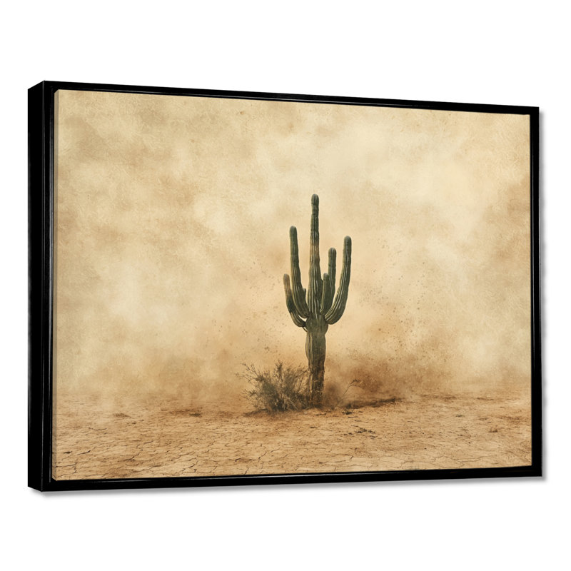Cactus tempête de sable III - cactus, décoration murale, H 12 po x l 20 po, Cadre flottant, Natural