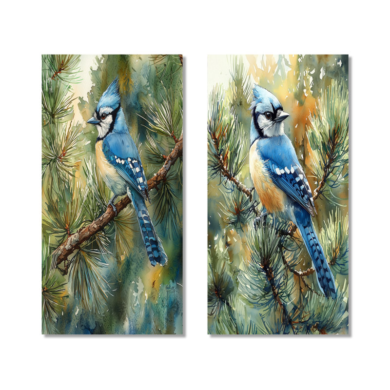 Blue Jay parmi les pins III - ensemble de 2 décorations murales en métal, 40" H x 40" W