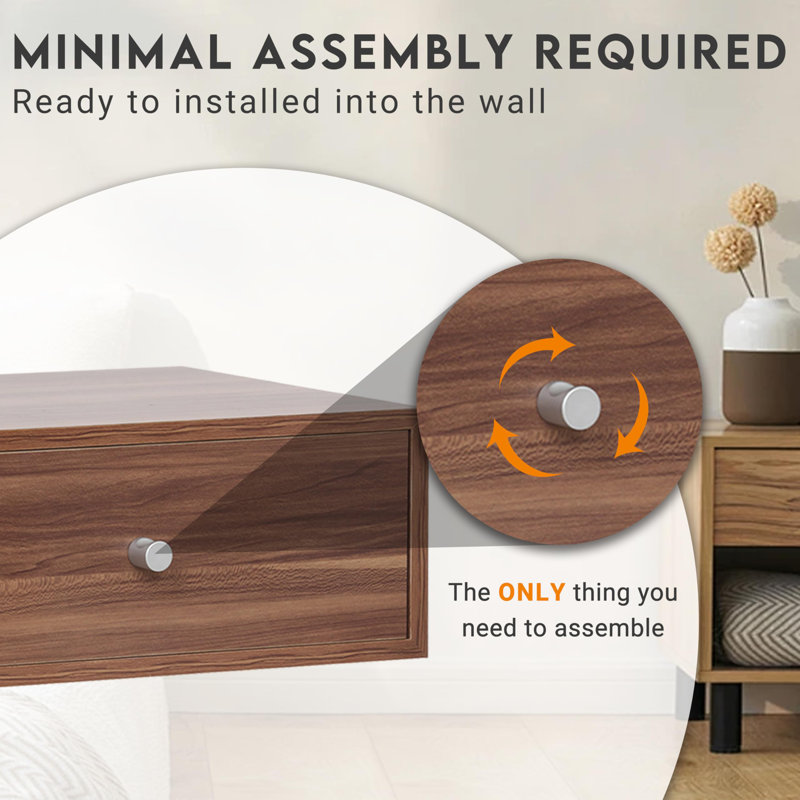 Floating Bedside Table, Wall Mounted Nightstand, Floating Shelf With Drawer,Floating Drawer For Bedroom, Walnut 15.5"X12"X6"