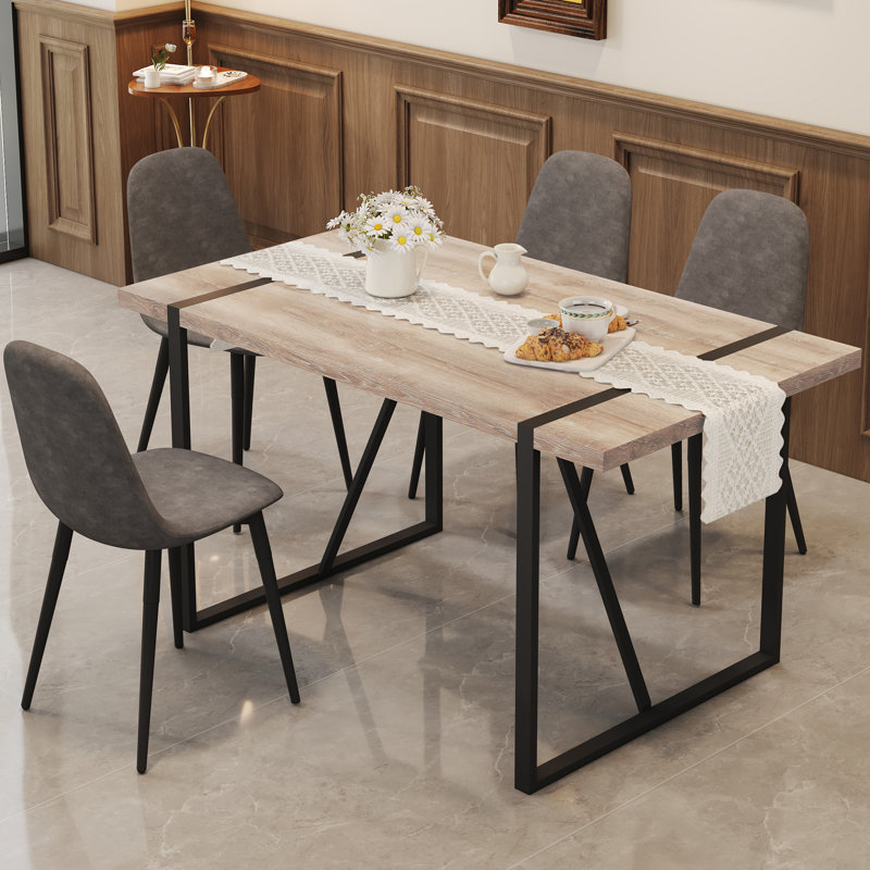 5-Piece Rustic Industrial Dining Table Set, 55.1" Rectangular Wood Kitchen Table with 4 Upholstered Chairs, Metal Legs, for Home Kitchen & Dining Room