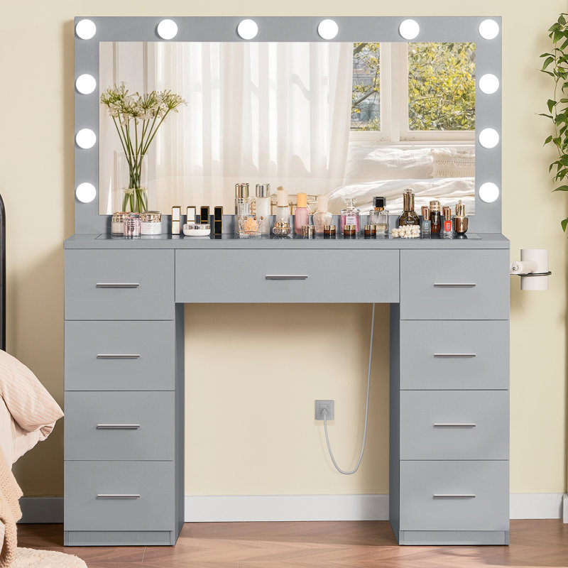 Grand meuble-lavabo de maquillage avec luminosité réglable à 3 modes et prise de courant, bureau de coiffeuse avec 9 tiroirs et bureau en verre