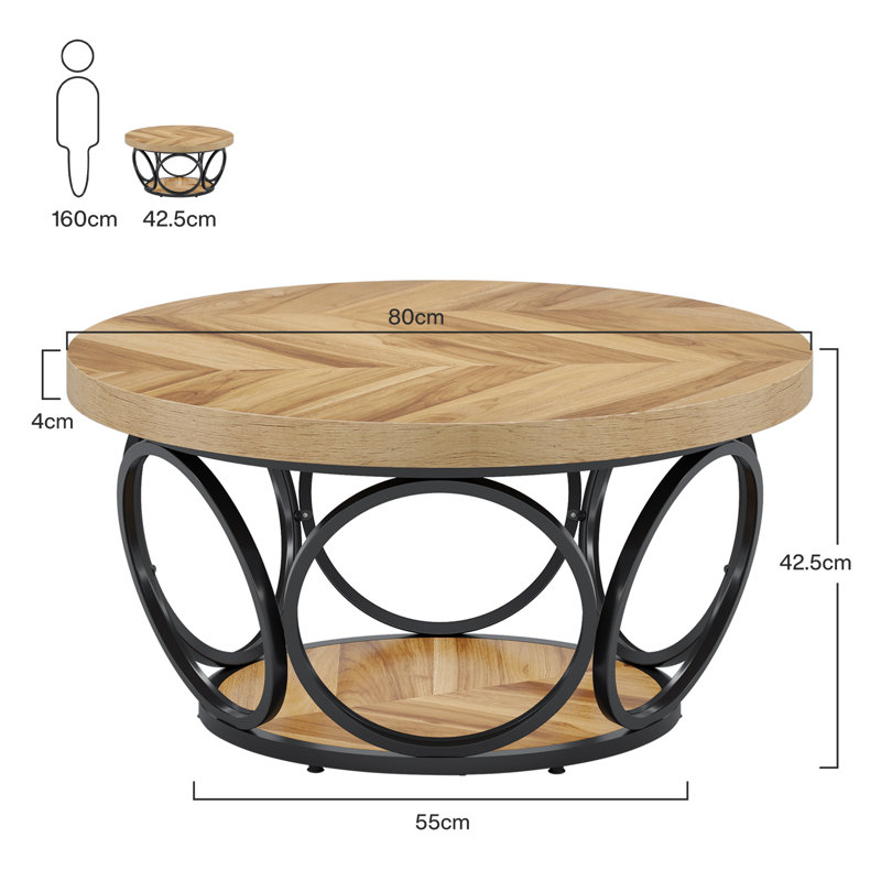 Round Coffee Table,80cm Round Wood Center Table, Farmhouse Large Circle Coffee Tables With 2-tier Storage