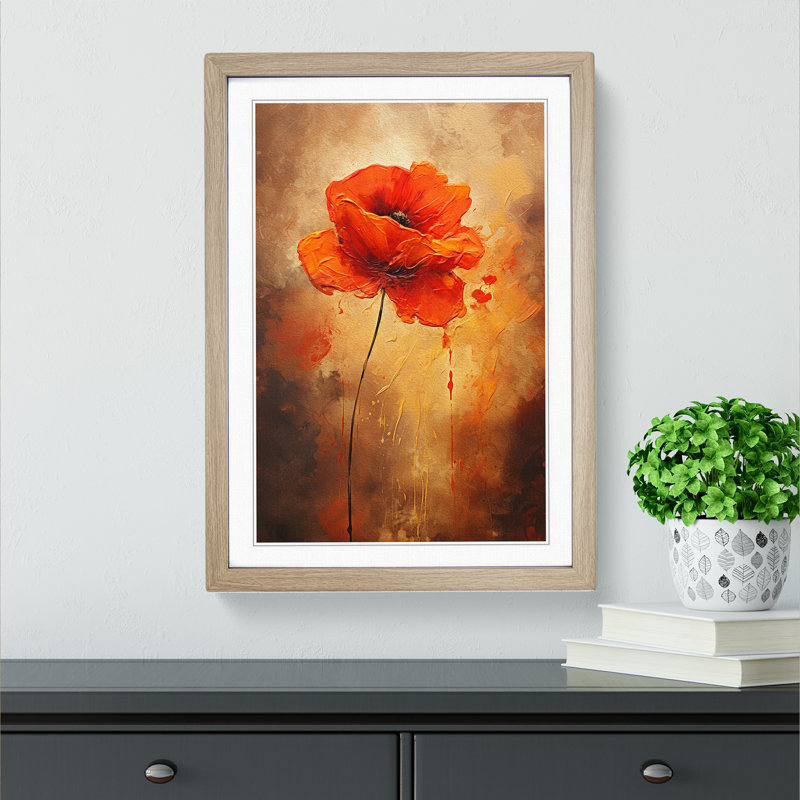 XYZ-FRM-V1223-5297 Poppy Flower Informel - Single Picture Frame Print on Wood, Oak, 64cm H x 46cm W x 2cm D