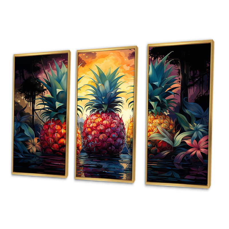 Ensemble de toiles murales ananas, Cadre flottant doré, H 40 po x l 60 po x P 1 po